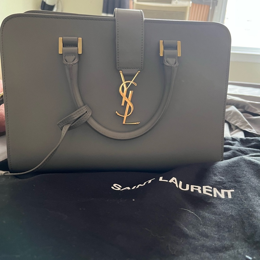 Beautiful and NEW Oyster Gray and Gold YSL Bag MNG Cabas, Vitello, Piumotto